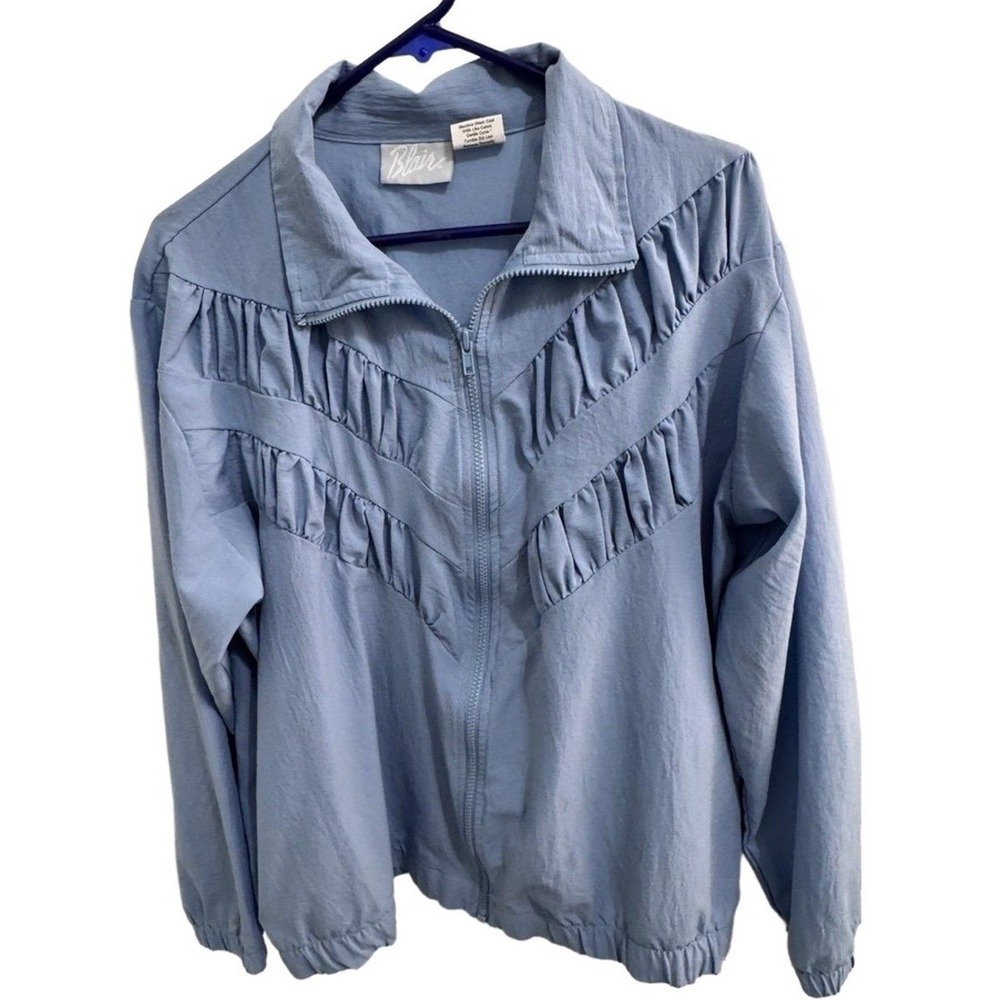 Vintage Blair Jacket Women's Large Light Blue Ruffle Chevron Zip 1980's